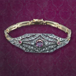 Antique Victorian Ruby Diamond Cluster Bracelet Silver 15ct Gold