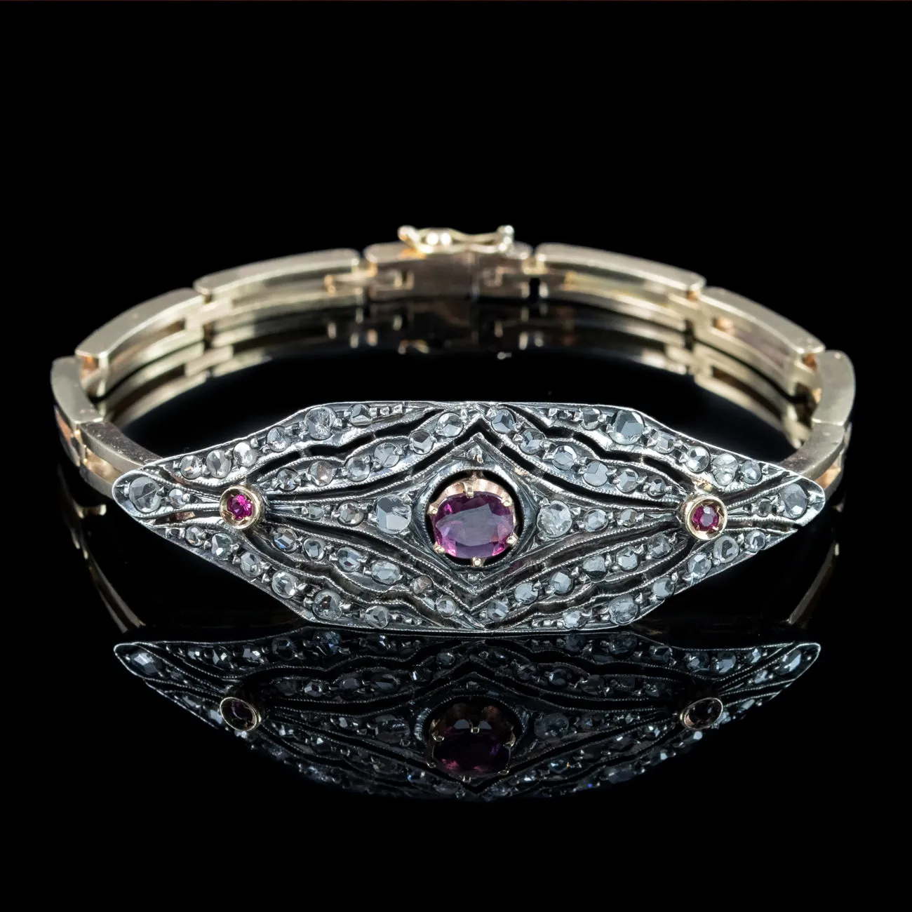 Antique Victorian Ruby Diamond Cluster Bracelet Silver 15ct Gold