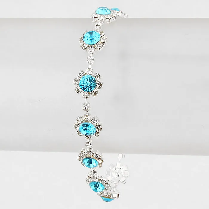 Aqua Round Crystal Rhinestone Rosette Evening Bracelet | 192330