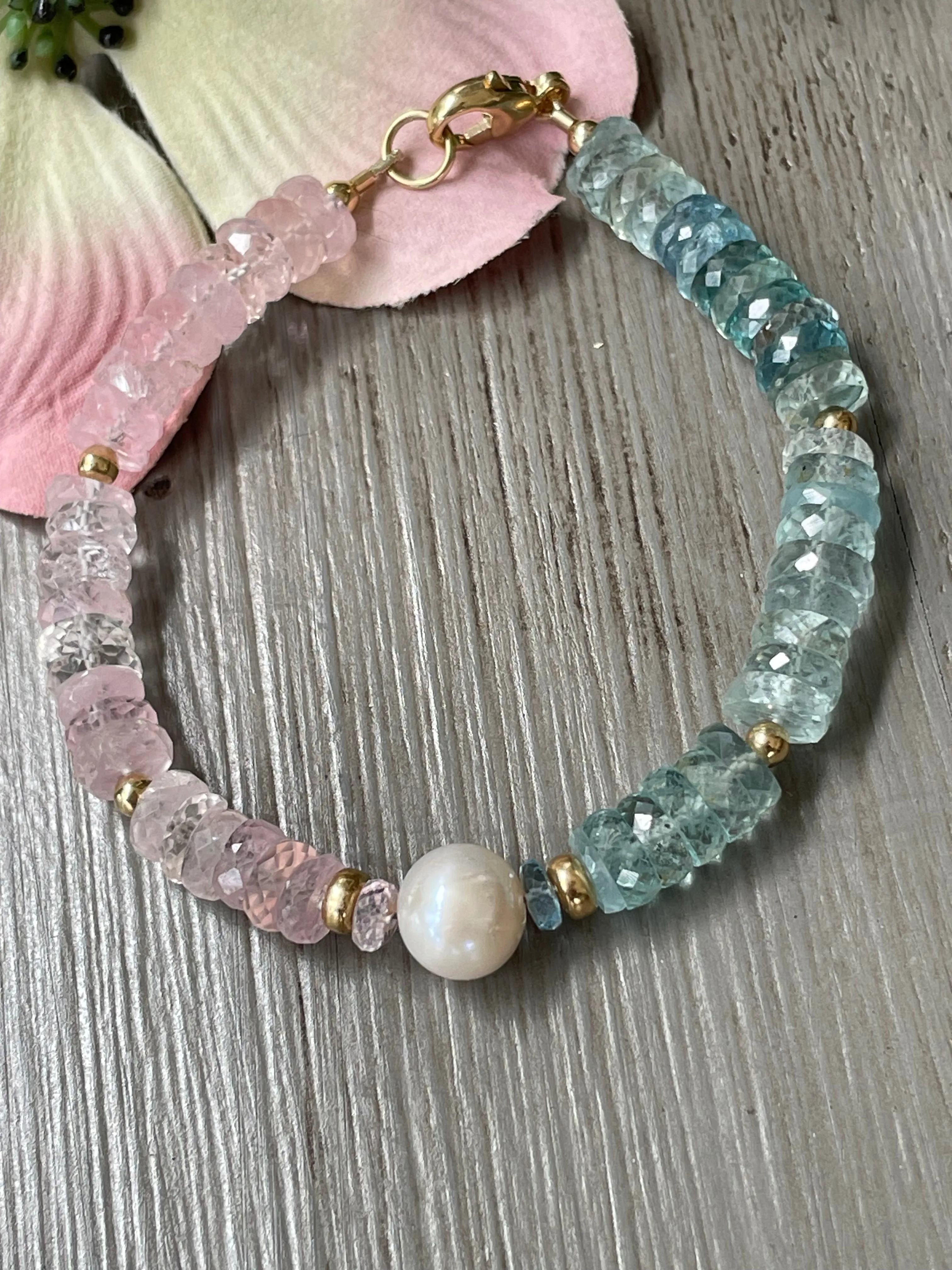 Aquamarine and Morganite "Rock Candy" and Freshwater Pearl Bracelet