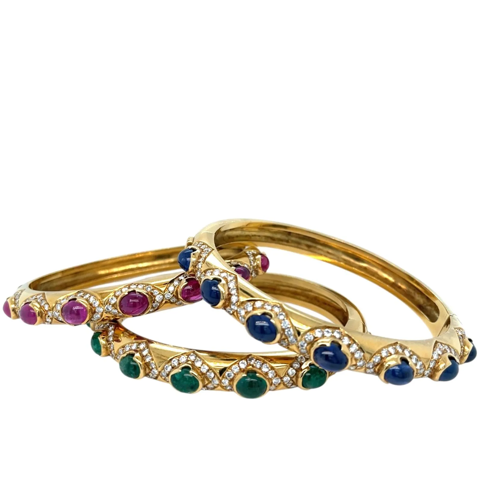Arcese Rome Diamonds, Sapphire, Ruby, Emerald Gold Trio Of Bangle Bracelets