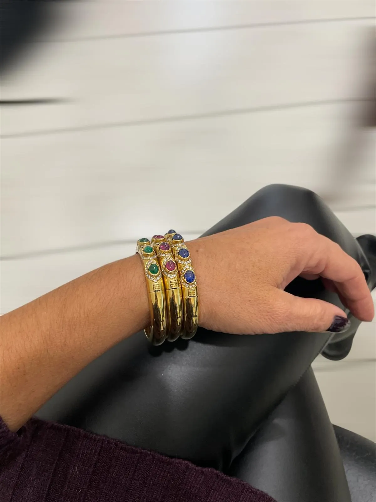 Arcese Rome Diamonds, Sapphire, Ruby, Emerald Gold Trio Of Bangle Bracelets