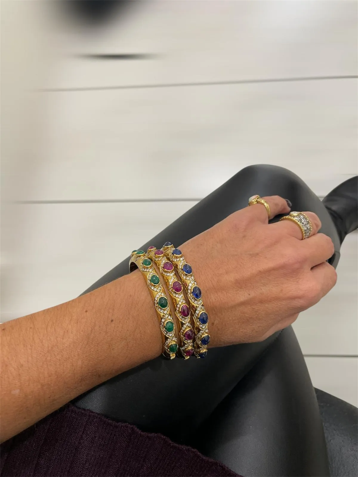 Arcese Rome Diamonds, Sapphire, Ruby, Emerald Gold Trio Of Bangle Bracelets