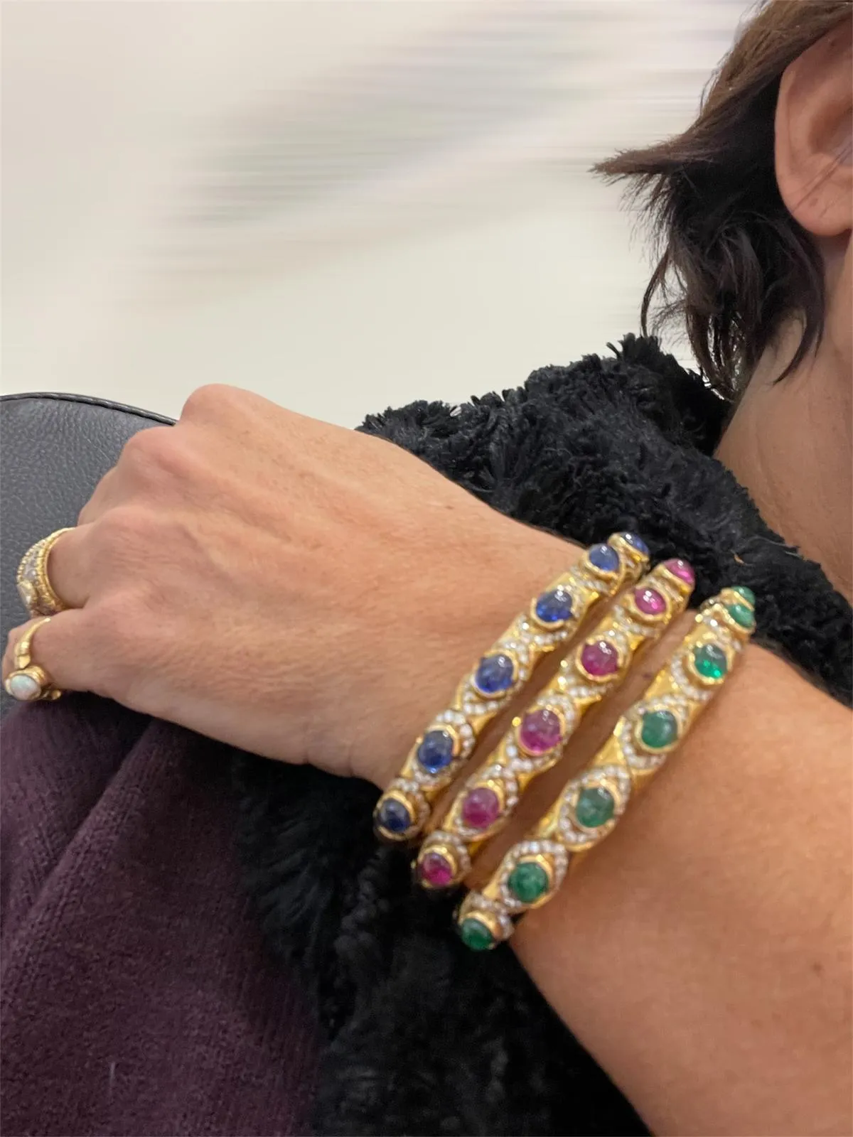 Arcese Rome Diamonds, Sapphire, Ruby, Emerald Gold Trio Of Bangle Bracelets