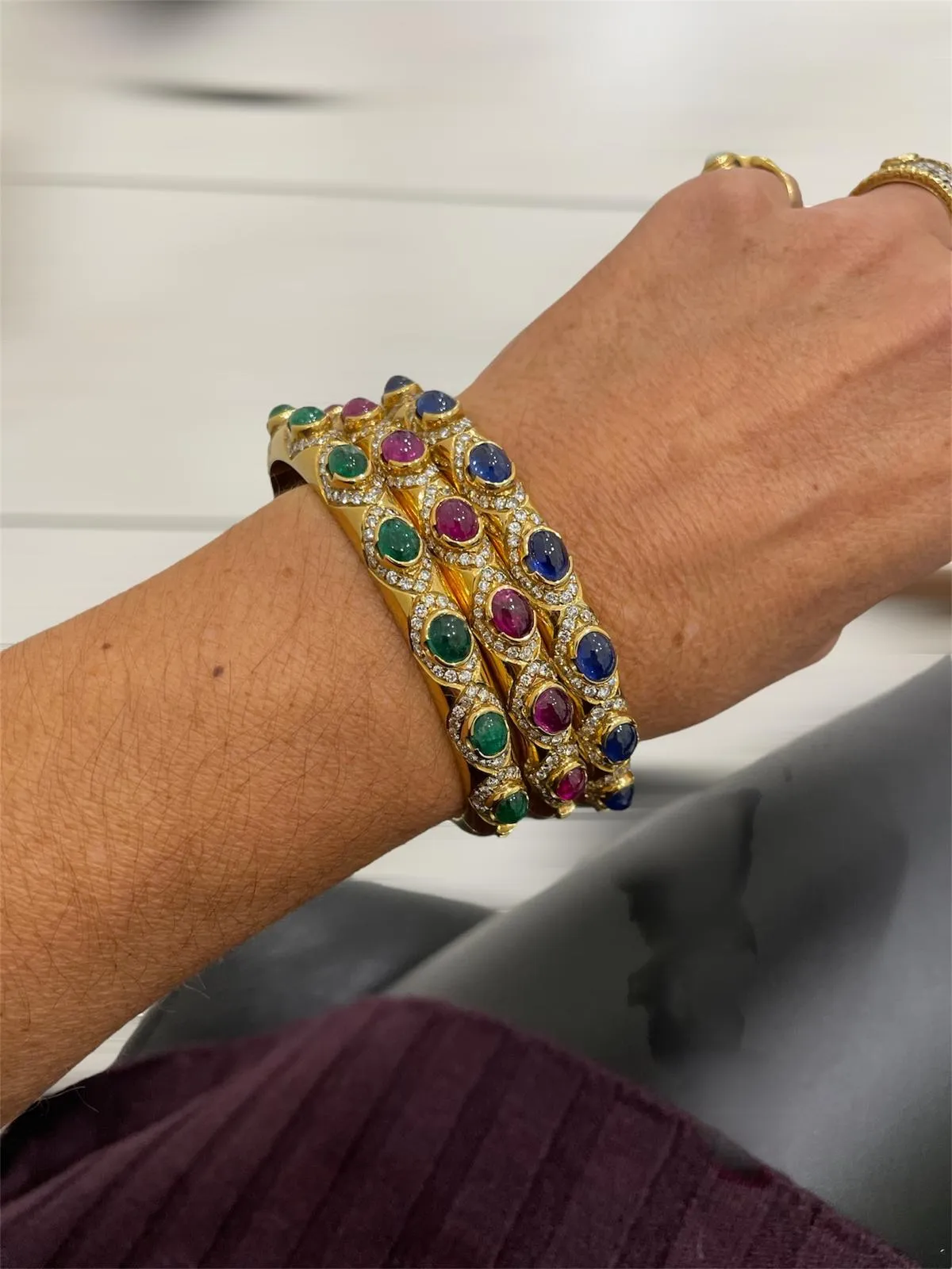Arcese Rome Diamonds, Sapphire, Ruby, Emerald Gold Trio Of Bangle Bracelets