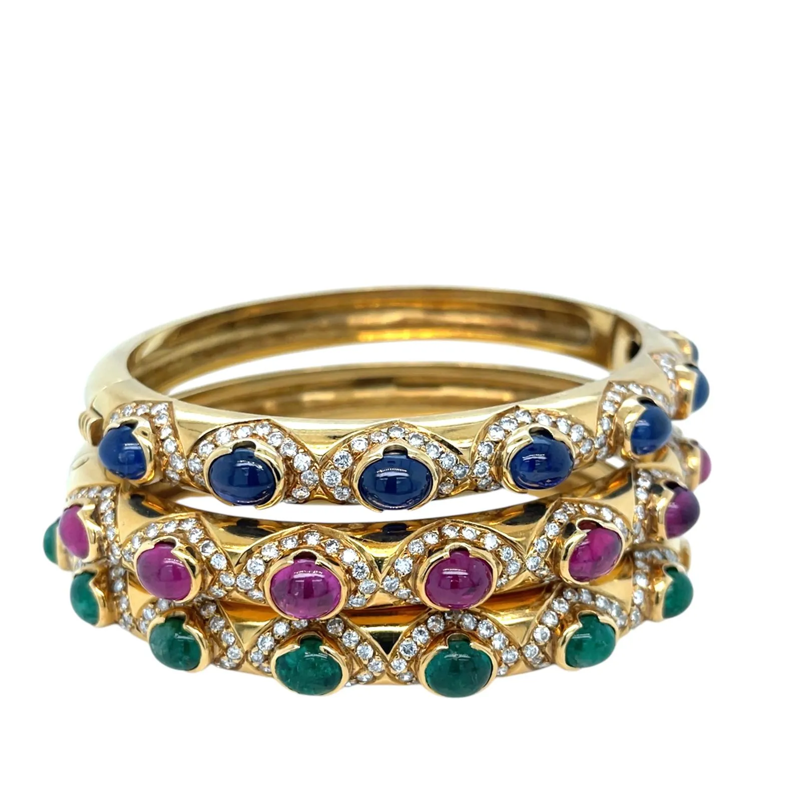 Arcese Rome Diamonds, Sapphire, Ruby, Emerald Gold Trio Of Bangle Bracelets