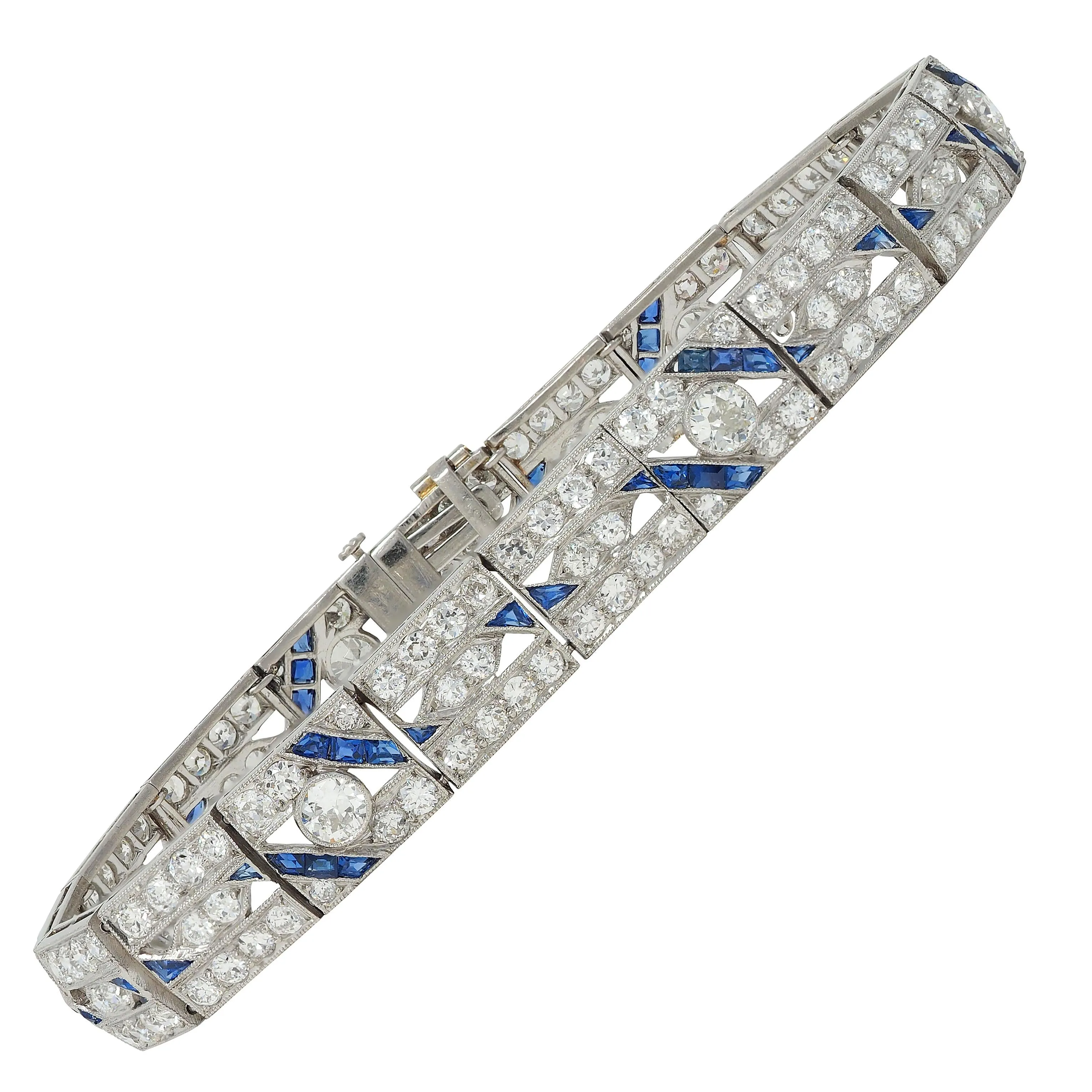 Art Deco 11.64 CTW Sapphire Diamond Platinum Vintage Line Bracelet