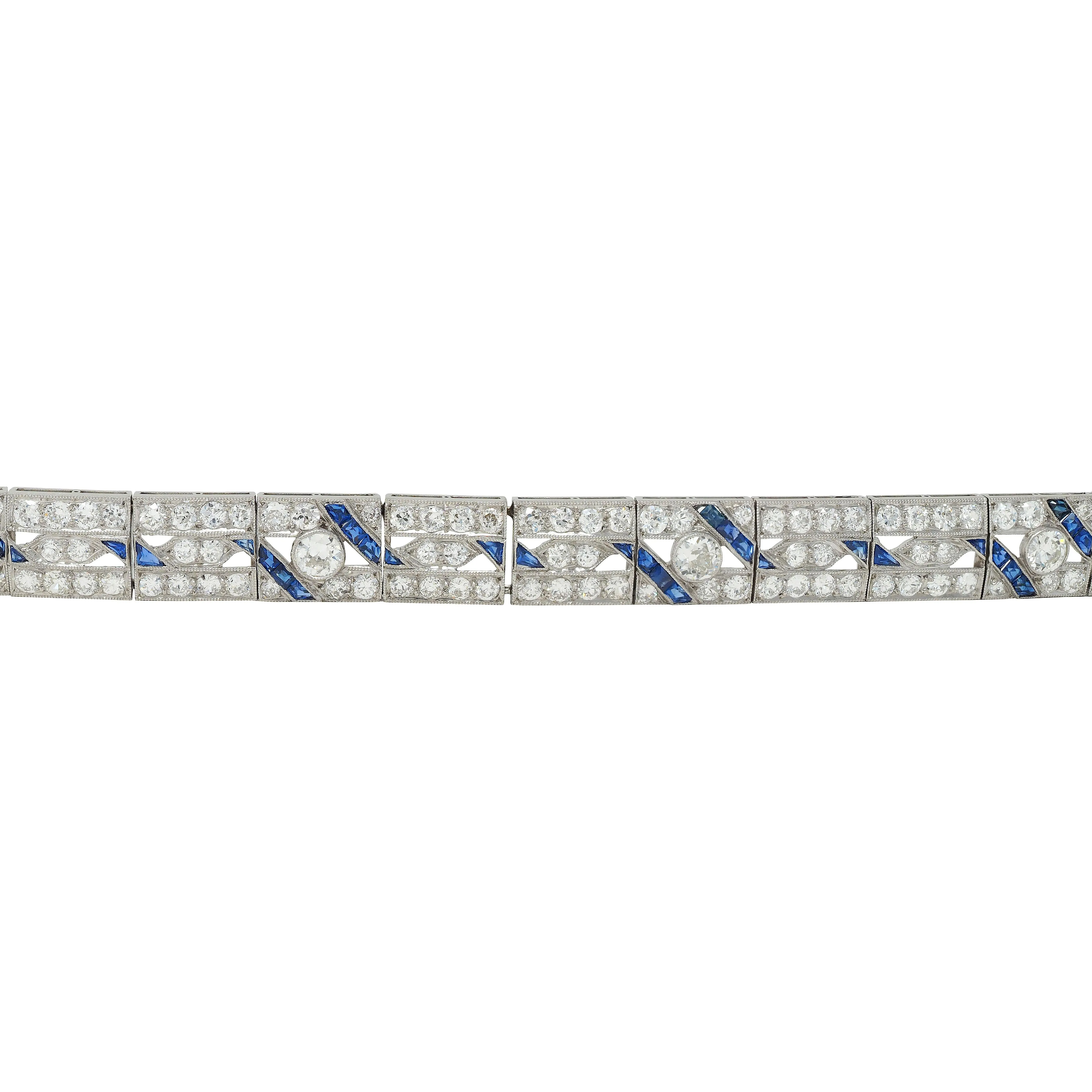 Art Deco 11.64 CTW Sapphire Diamond Platinum Vintage Line Bracelet