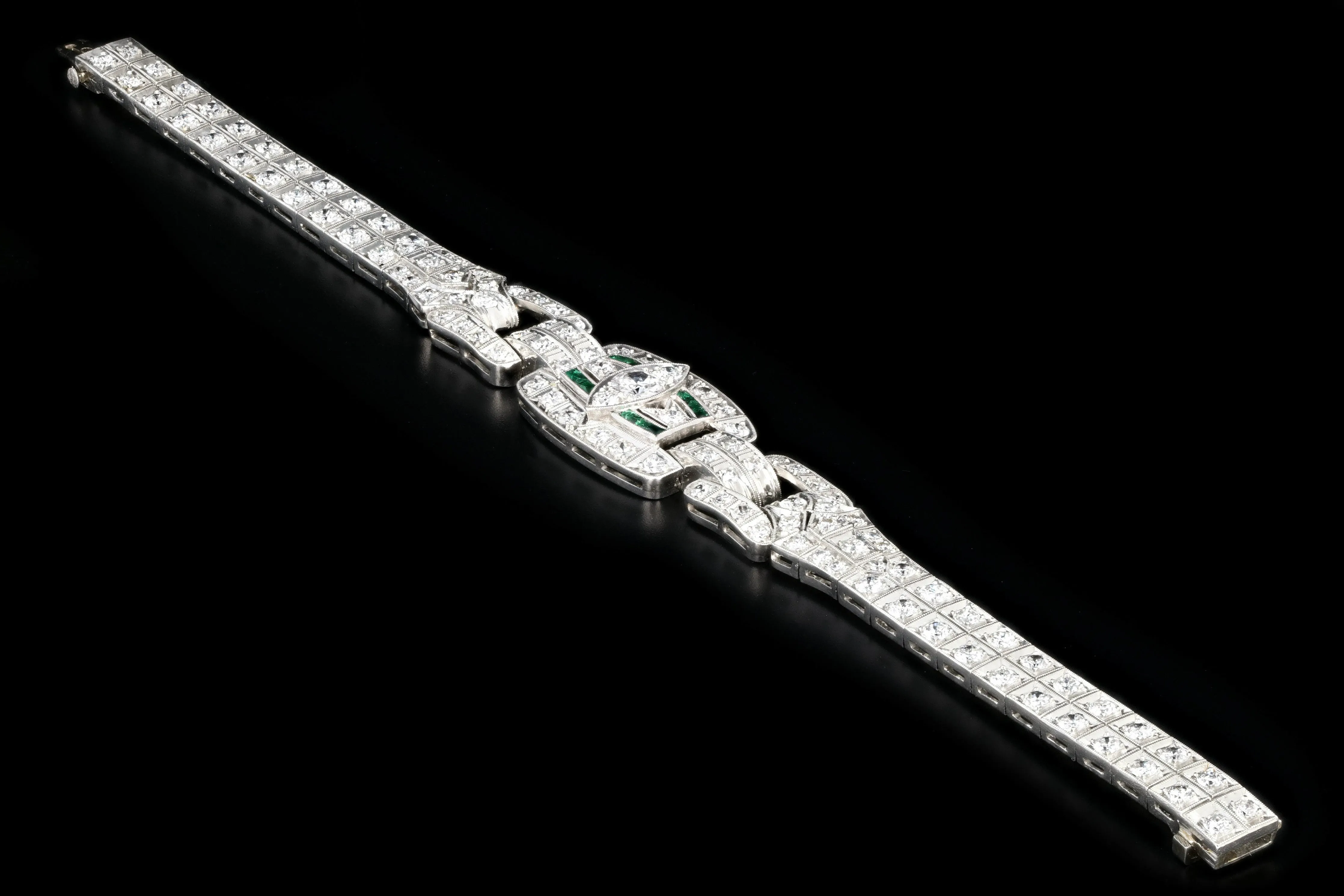 Art Deco Platinum 5 Carat Old European Cut Diamond & Emerald Bracelet