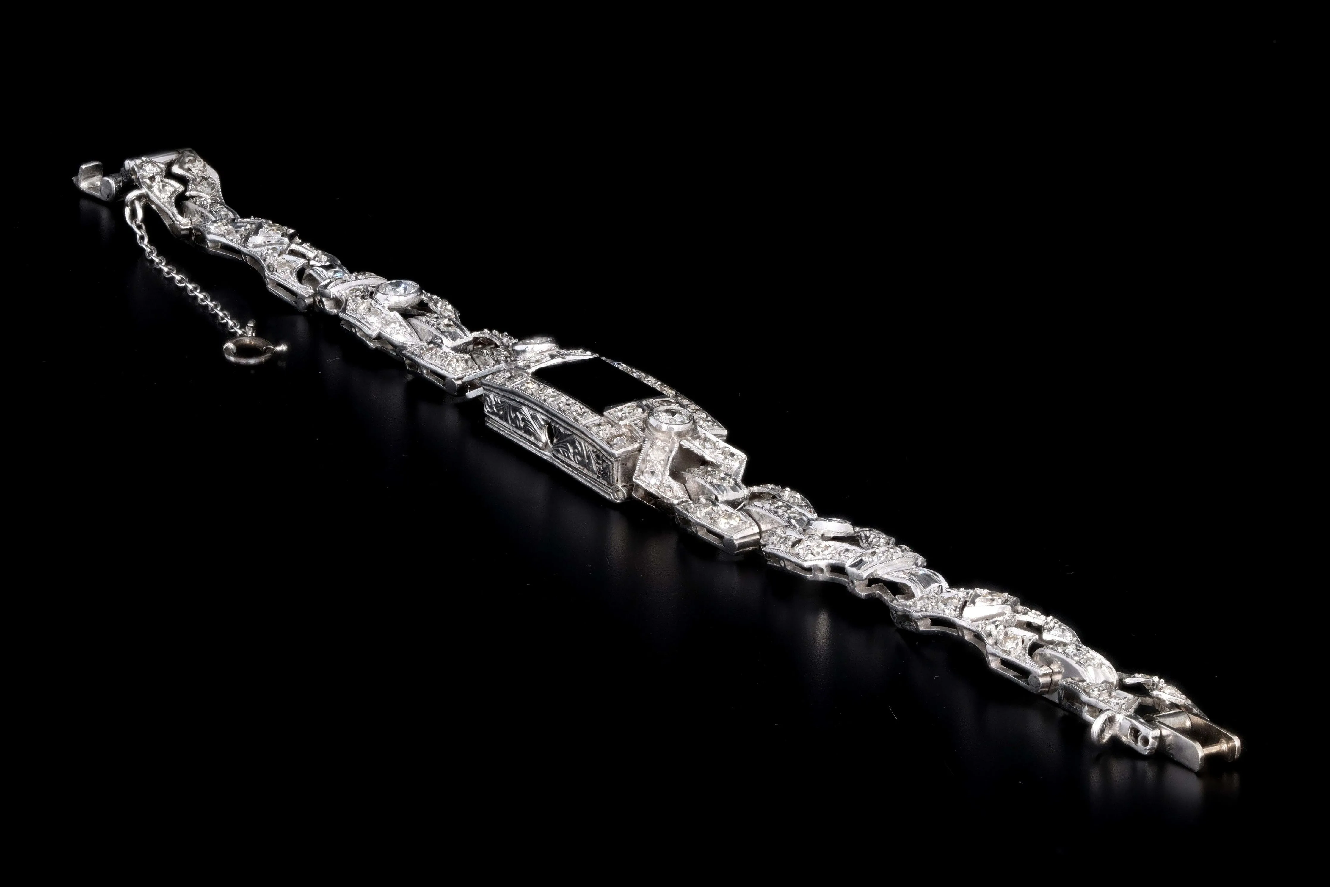 Art Deco Platinum Black Onyx & Diamond Watch Conversion Bracelet