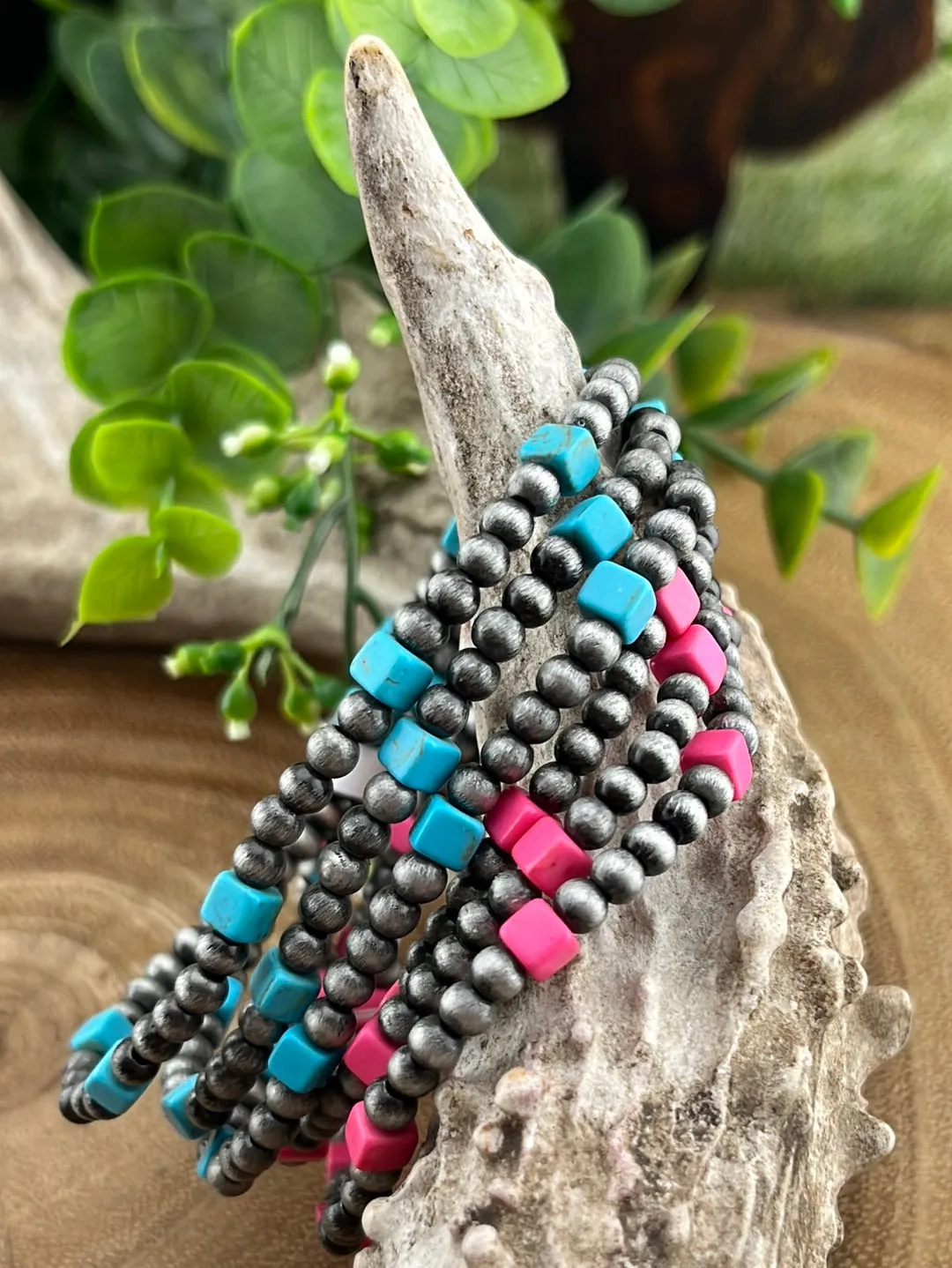 Bailey 3mmNavajo & Square Stone Fashion Stretch Bracelet Set