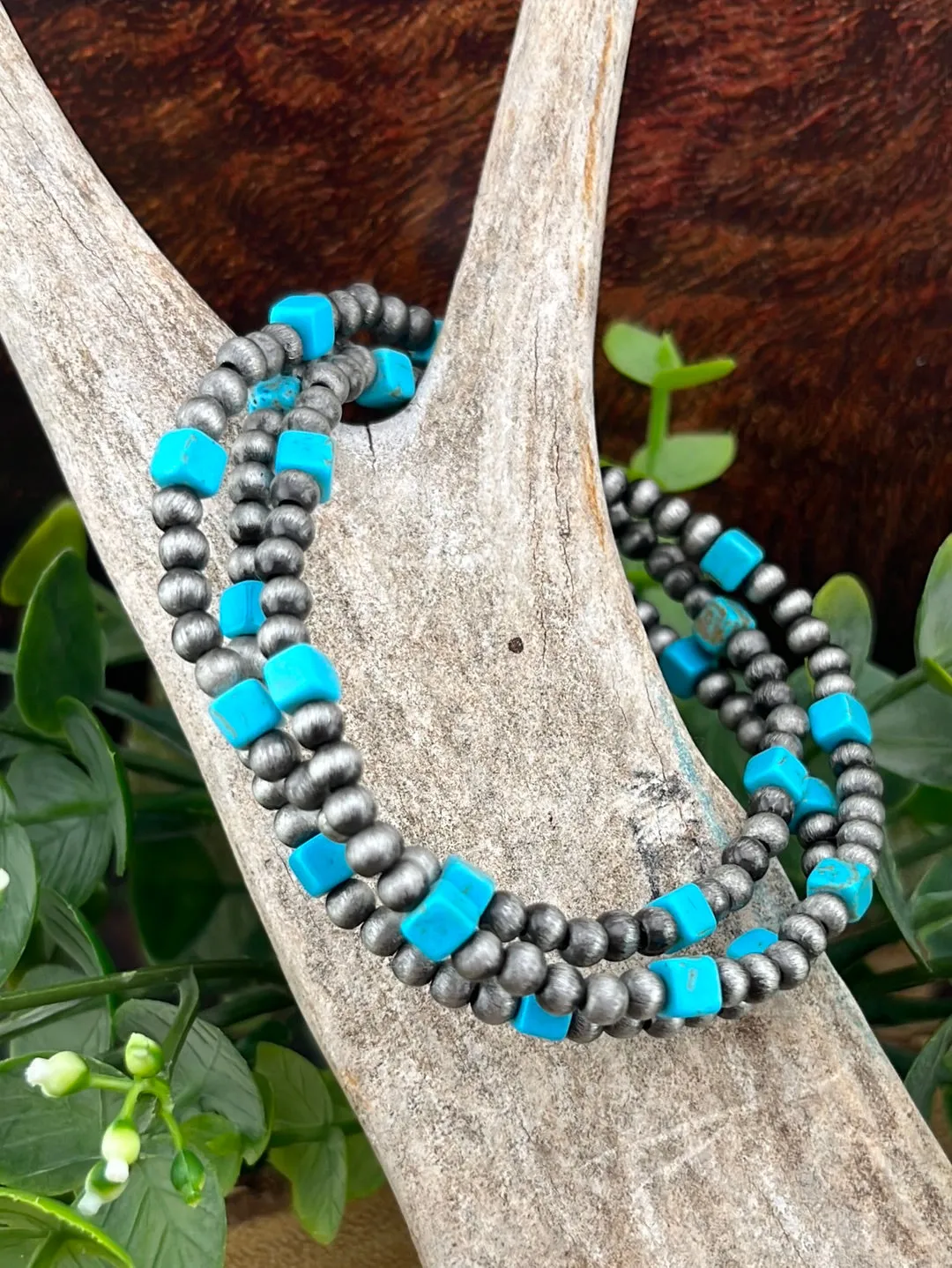 Bailey 3mmNavajo & Square Stone Fashion Stretch Bracelet Set