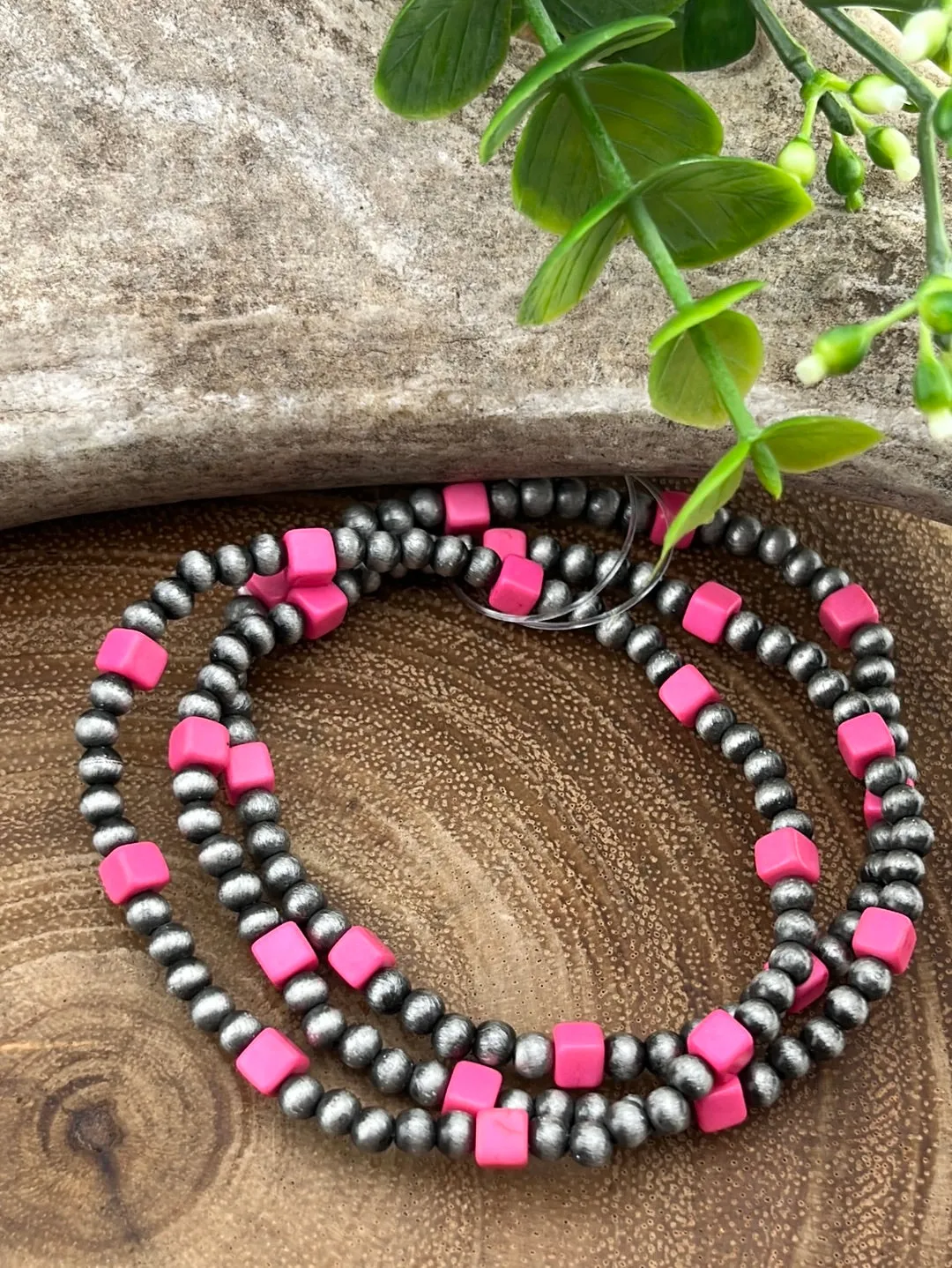 Bailey 3mmNavajo & Square Stone Fashion Stretch Bracelet Set