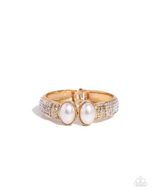 Balanced Brevity - Gold - White Pearl and Rhinestone Paparazzi Hinge Bracelet
