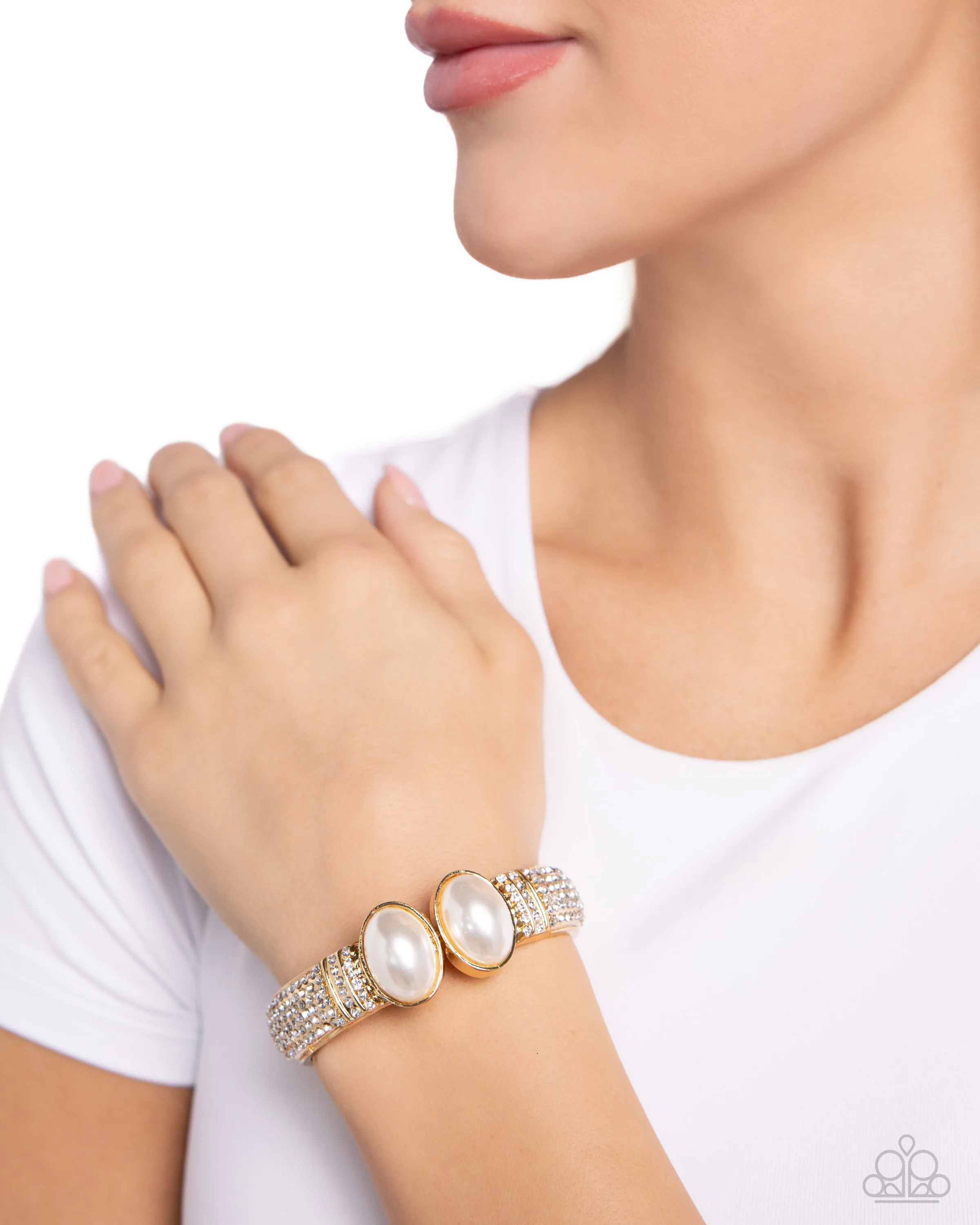 Balanced Brevity - Gold - White Pearl and Rhinestone Paparazzi Hinge Bracelet
