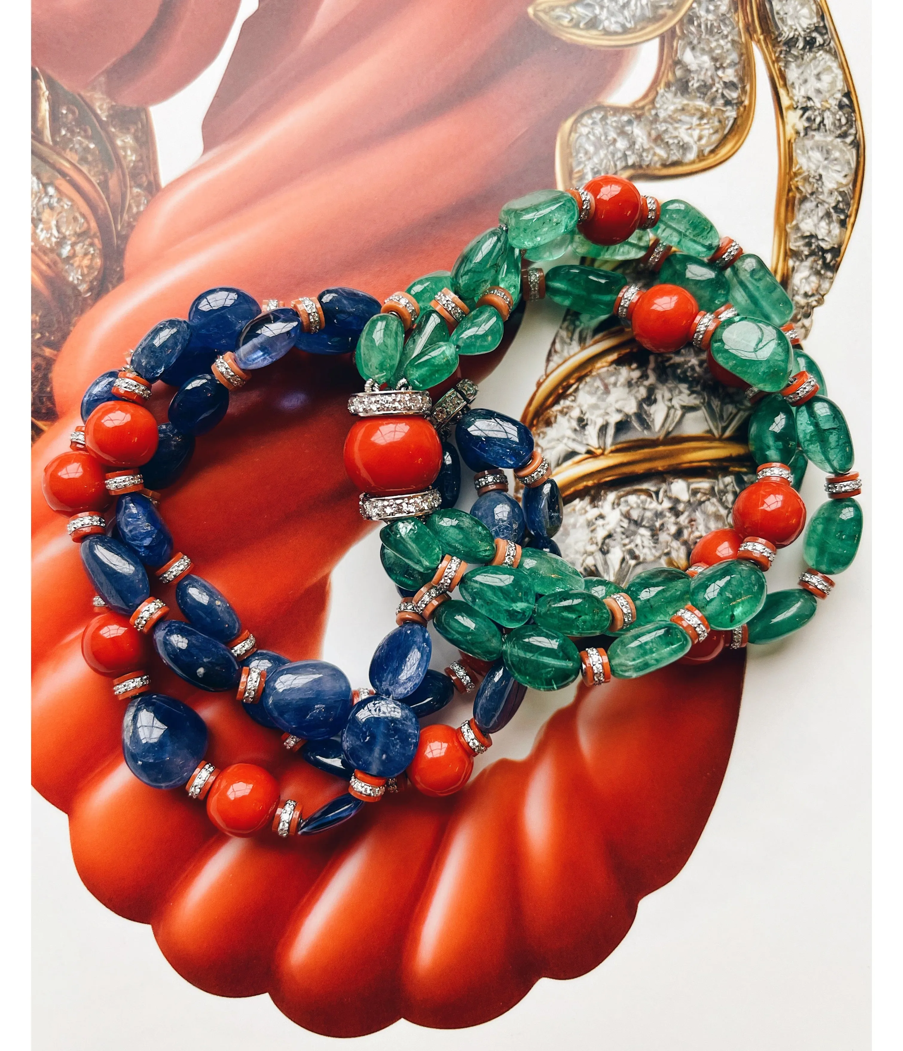 Bead Bracelet, Emerald and Coral