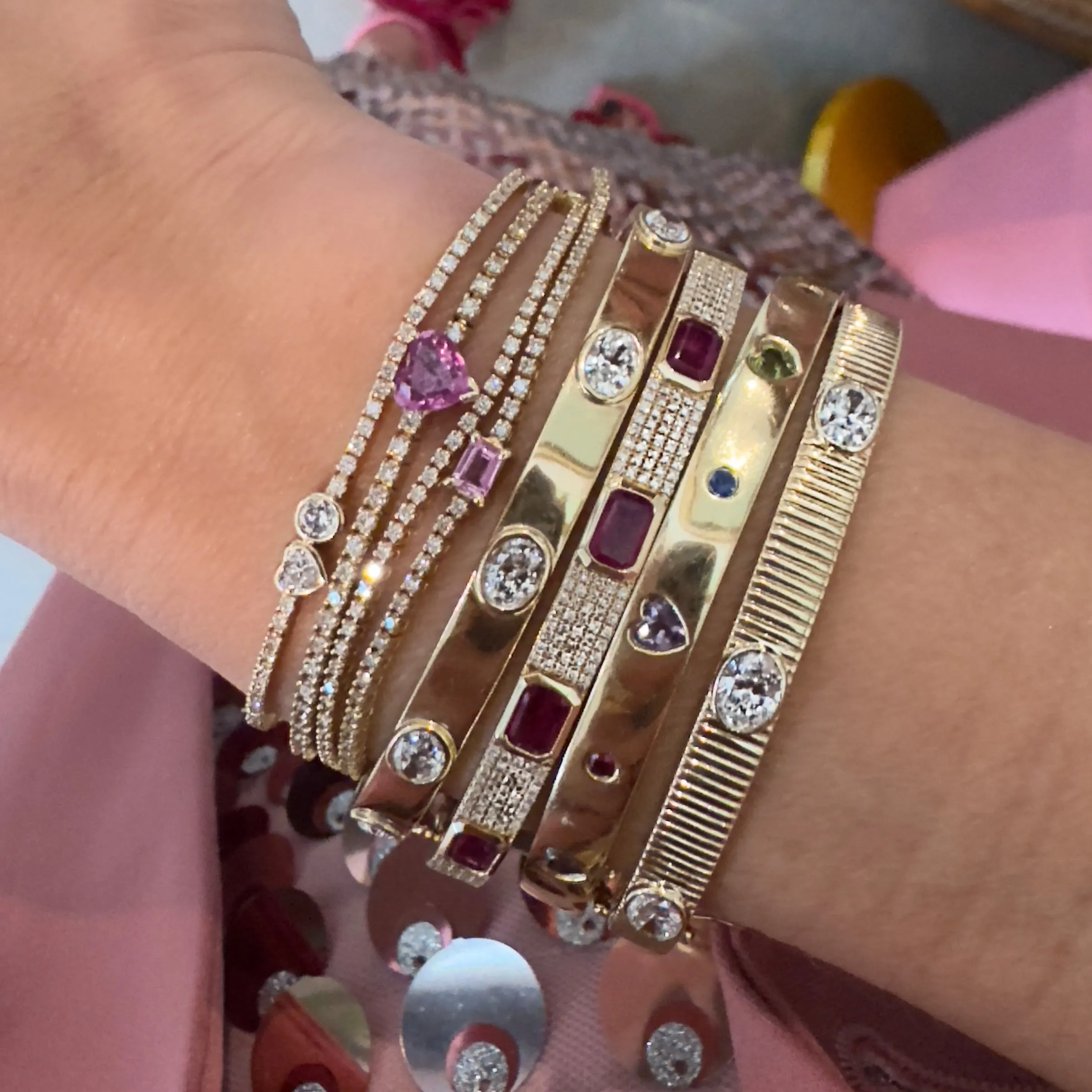 Bezel Set Ruby & Pave Diamond Bangle Bracelet