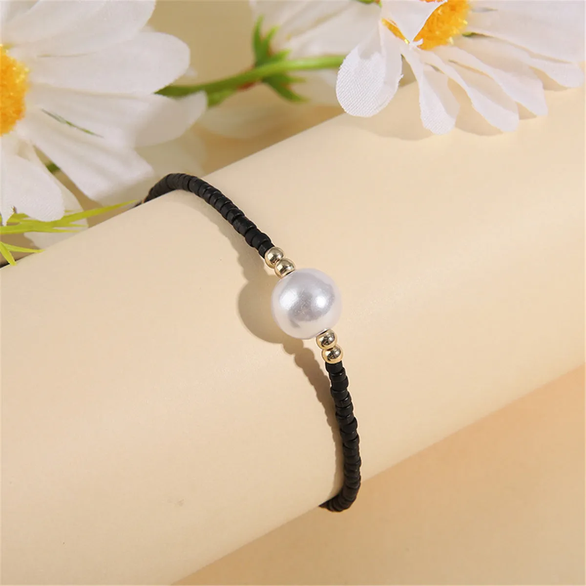 Black Howlite & Pearl Adjustable Bracelet