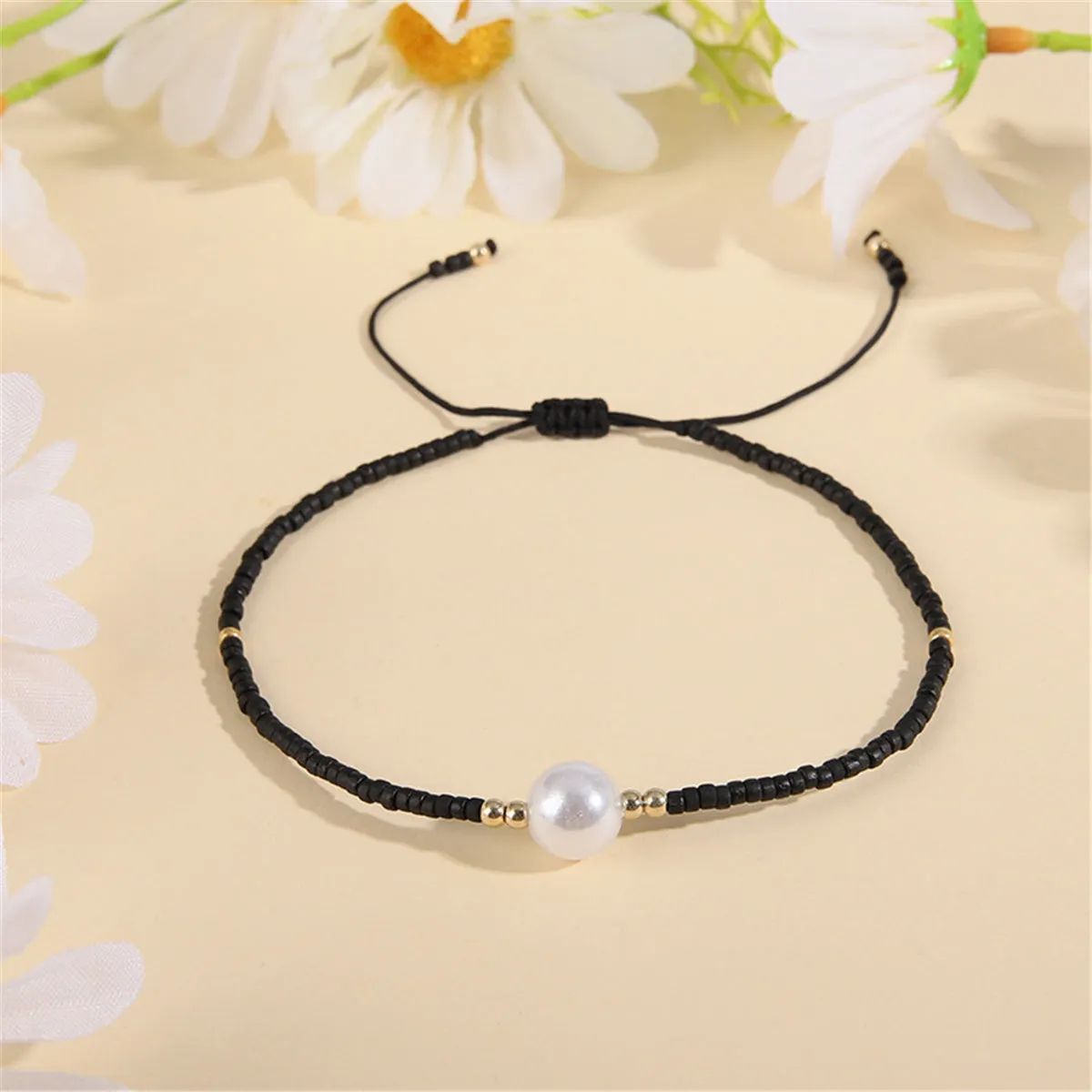 Black Howlite & Pearl Adjustable Bracelet