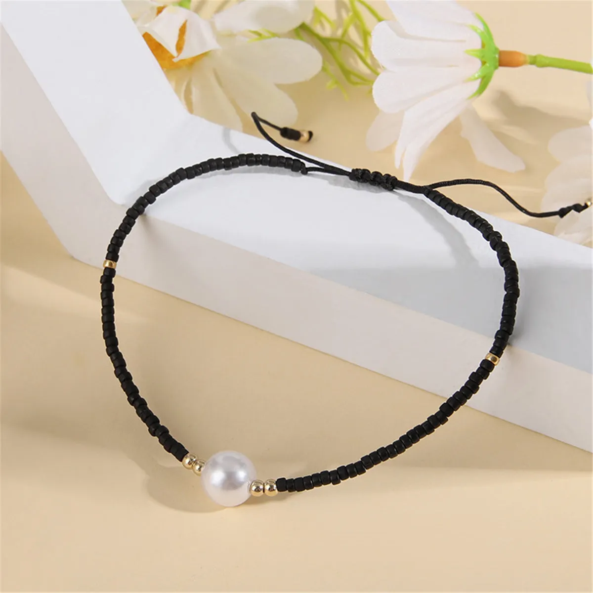 Black Howlite & Pearl Adjustable Bracelet
