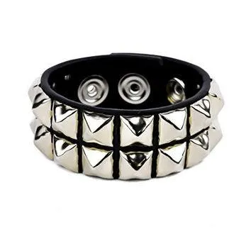 Black leather bracelet w/ 2 rows of silver pyramid studs