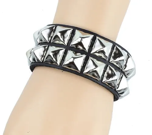 Black leather bracelet w/ 2 rows of silver pyramid studs