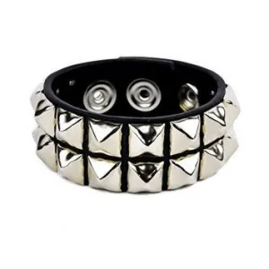 Black leather bracelet w/ 2 rows of silver pyramid studs