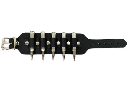 Black leather bracelet w/ single row of .223 nickel dummy bullets