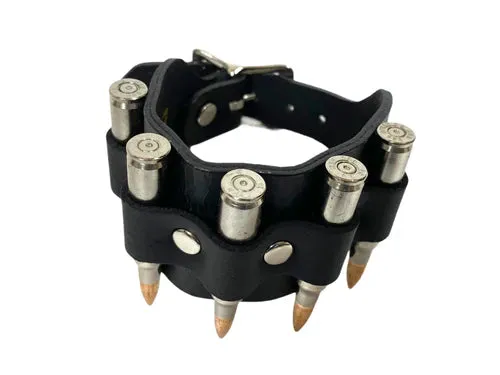 Black leather bracelet w/ single row of .223 nickel dummy bullets