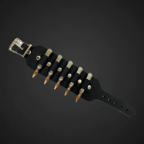 Black leather bracelet w/ single row of .223 nickel dummy bullets