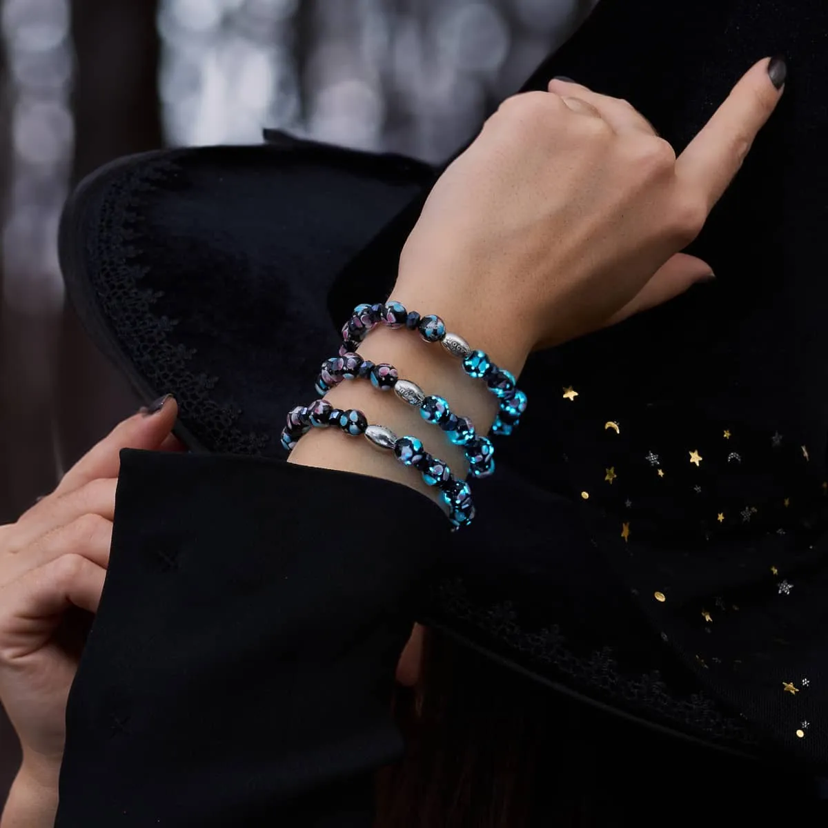 Black Orchid | .925 Sterling Silver | Firefly Glass Blossom Bracelet