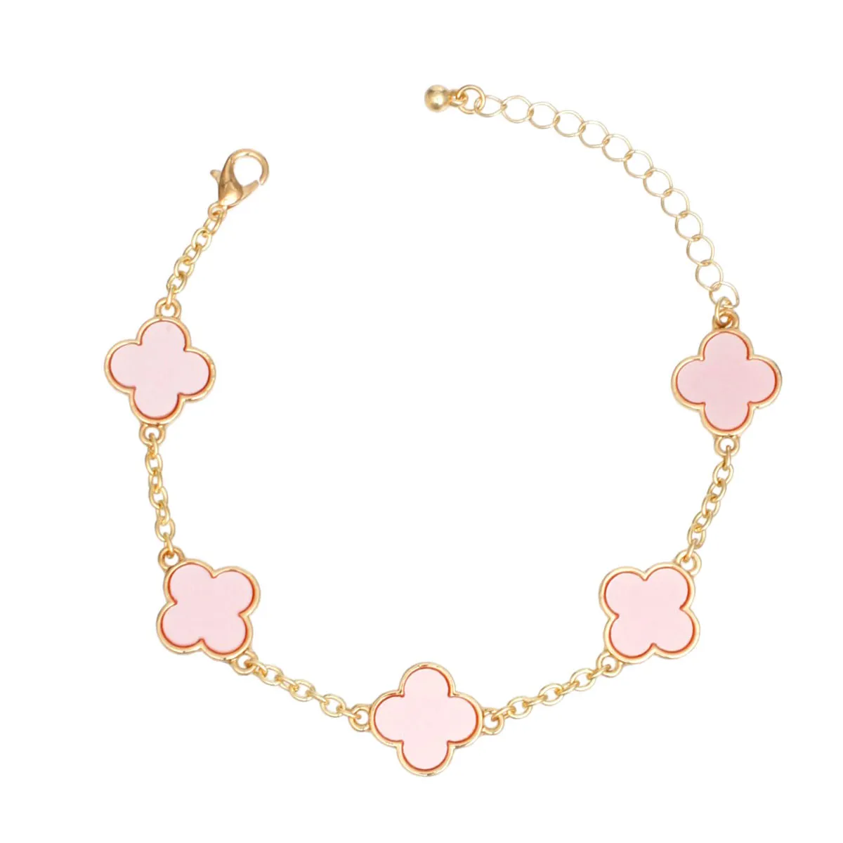 Blossom Charm: Pink Quatrefoil Gold Chain Bracelet