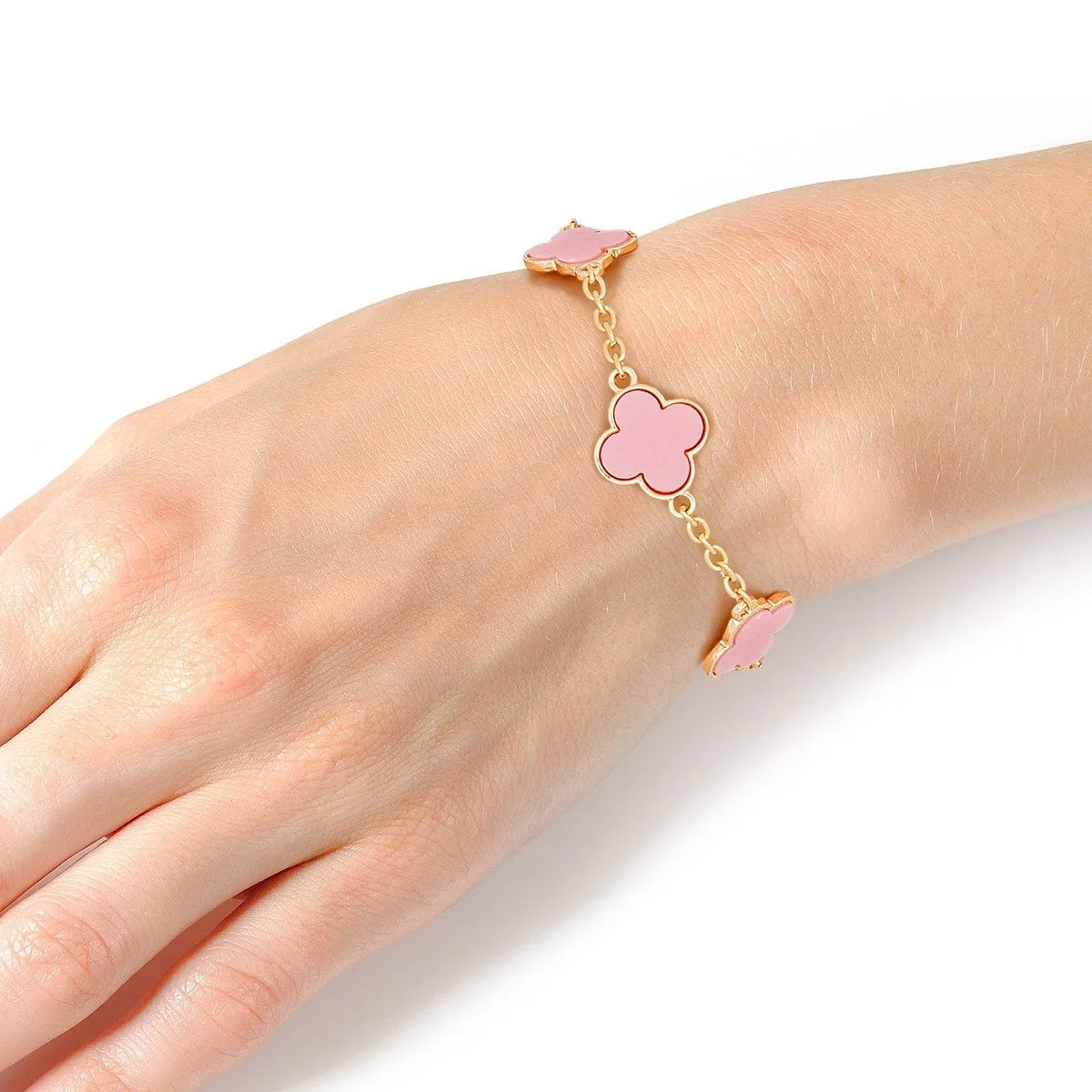Blossom Charm: Pink Quatrefoil Gold Chain Bracelet