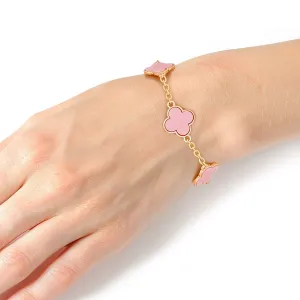 Blossom Charm: Pink Quatrefoil Gold Chain Bracelet