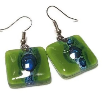 Blue and Green Recycled fused glass square Earrings