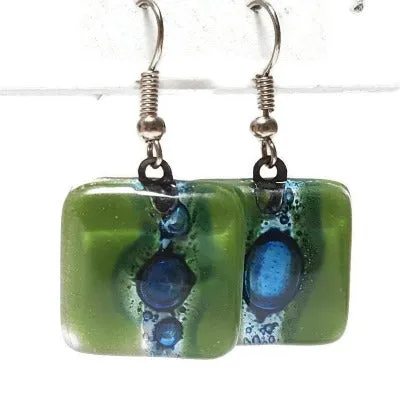 Blue and Green Recycled fused glass square Earrings