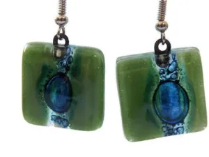 Blue and Green Recycled fused glass square Earrings