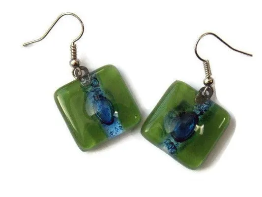 Blue and Green Recycled fused glass square Earrings