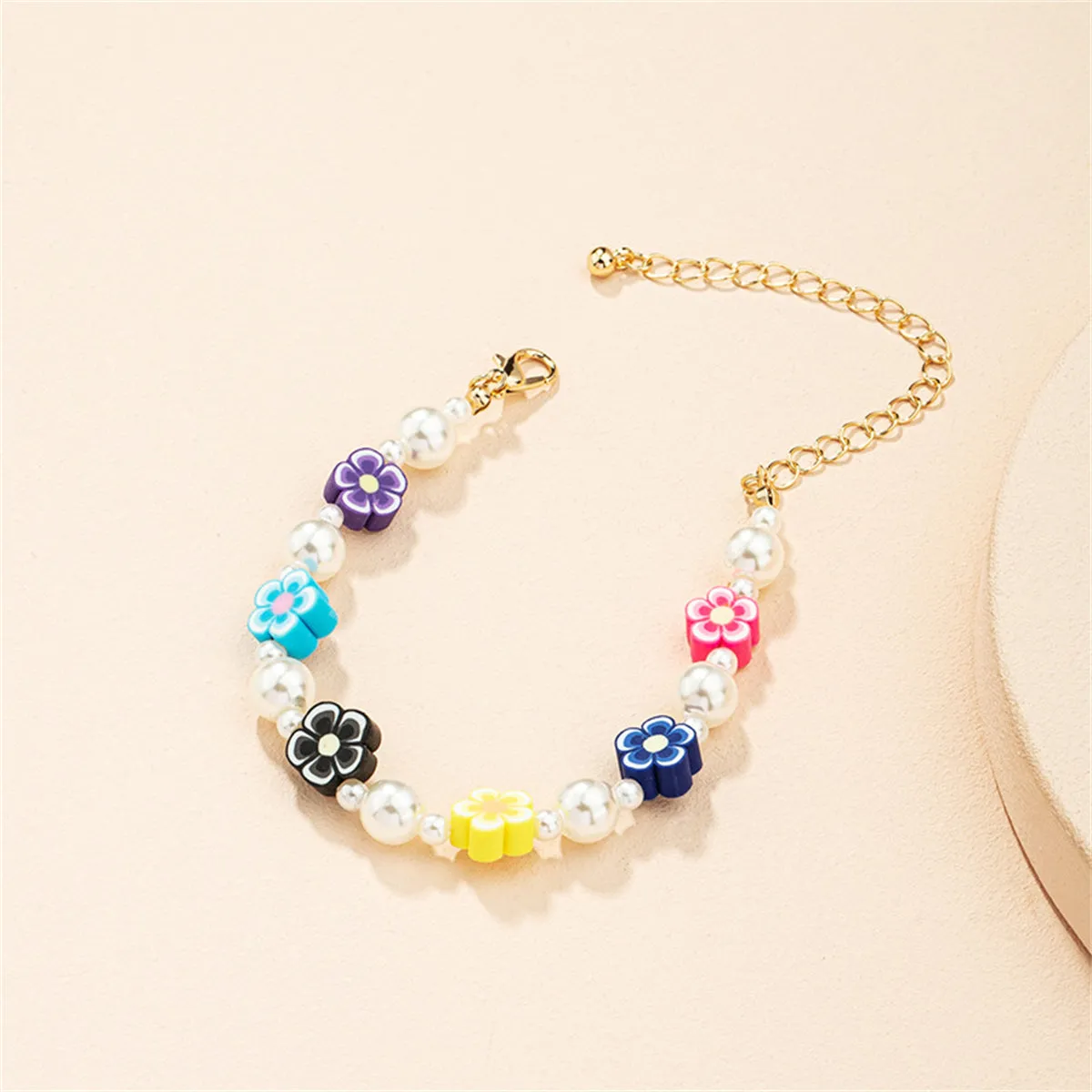 Blue Mulitcolor Polymer Clay & Pearl 18K Gold-Plated Flower Station Bracelet