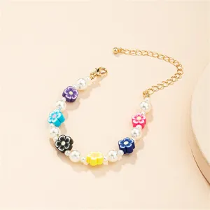 Blue Mulitcolor Polymer Clay & Pearl 18K Gold-Plated Flower Station Bracelet