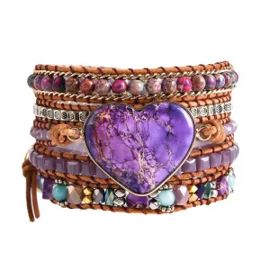 Bohemian Classic Heart Shape Leather Wrap Bracelets, Boho Jewelry