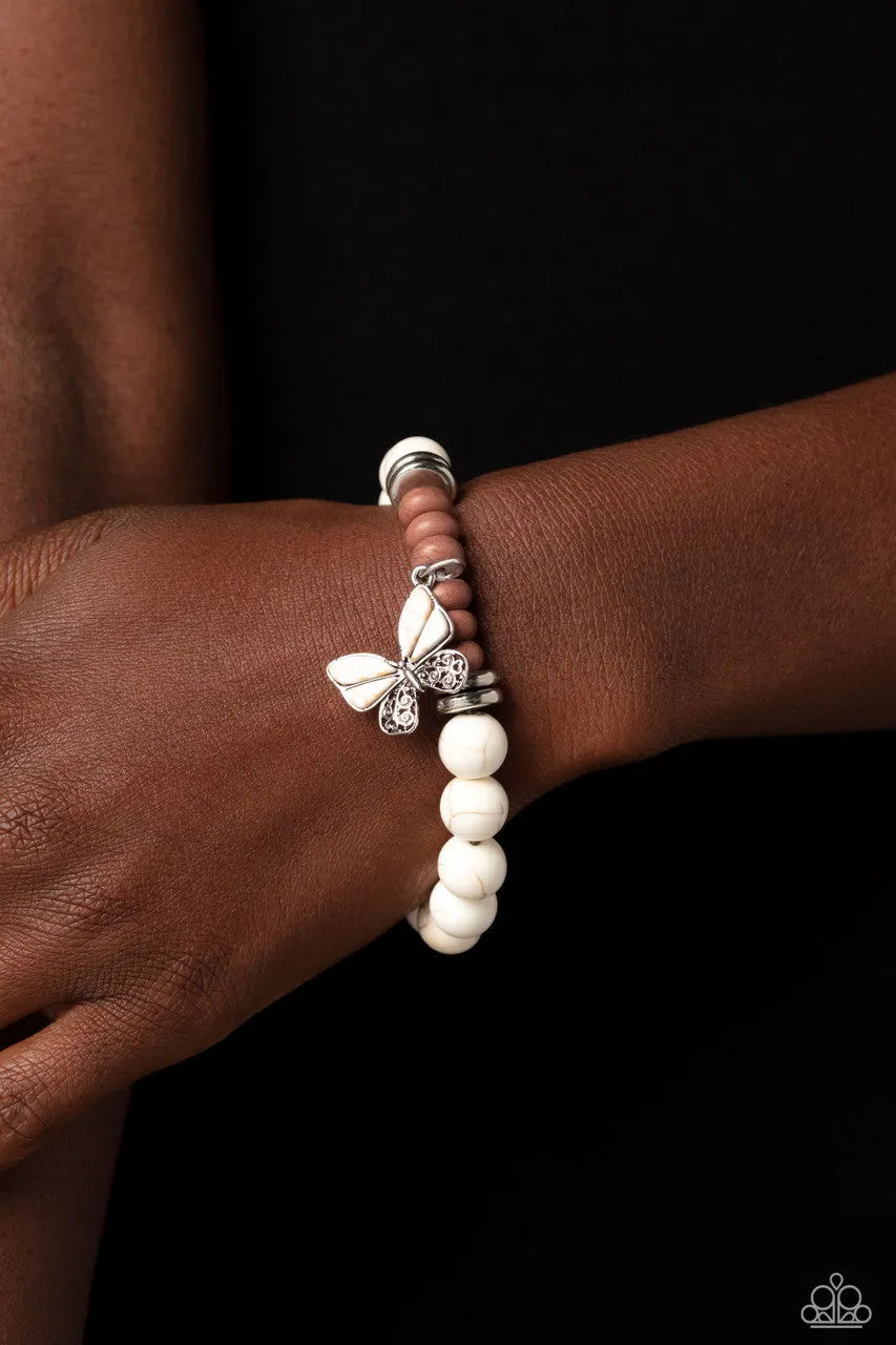 Bold Butterfly - White - Stone Bead Paparazzi Stretchy Bracelet