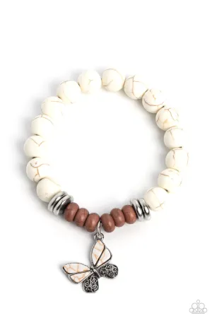 Bold Butterfly - White - Stone Bead Paparazzi Stretchy Bracelet