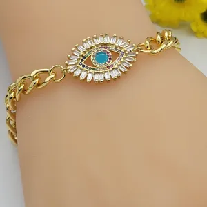 Bracelets - 14K Gold Plated. Blue Eye. Curb link chain.