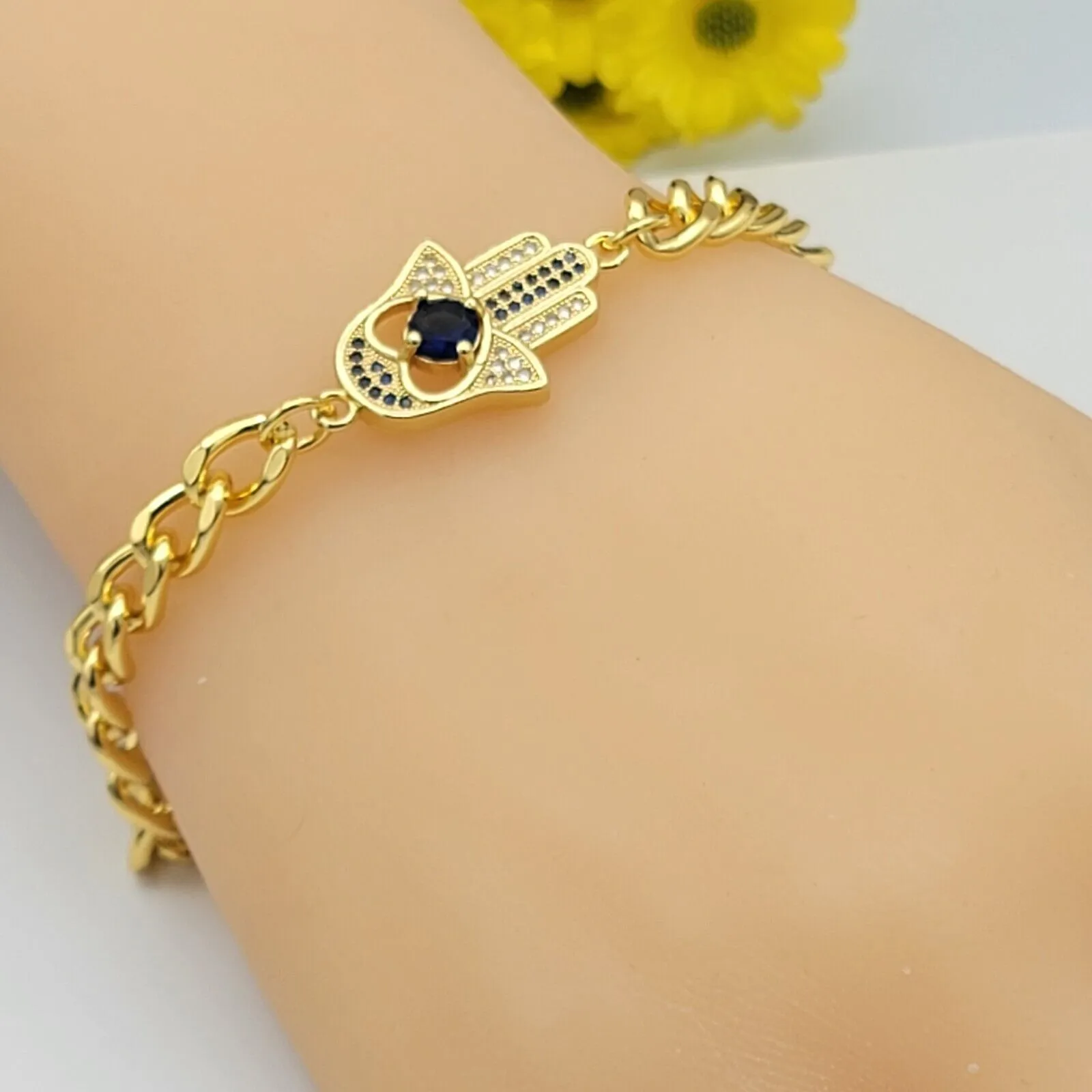 Bracelets - 14K Gold Plated. Blue Fatima Hand Bracelet. Curb Link Chain. Amulet. Oro Laminado