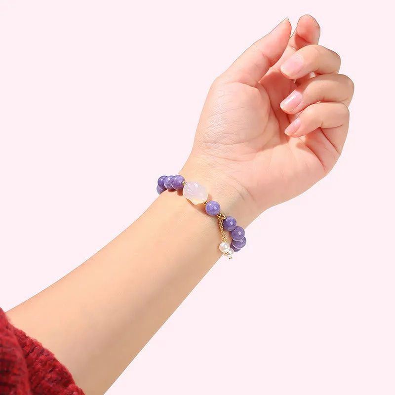Buddha Stones Natural Purple Aquamarine Chalcedony Rabbit Healing Bead Bracelet