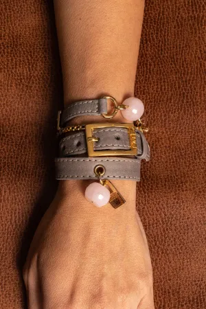 Bundle Bracelet with Gray Leather and Rose Quartz Stone