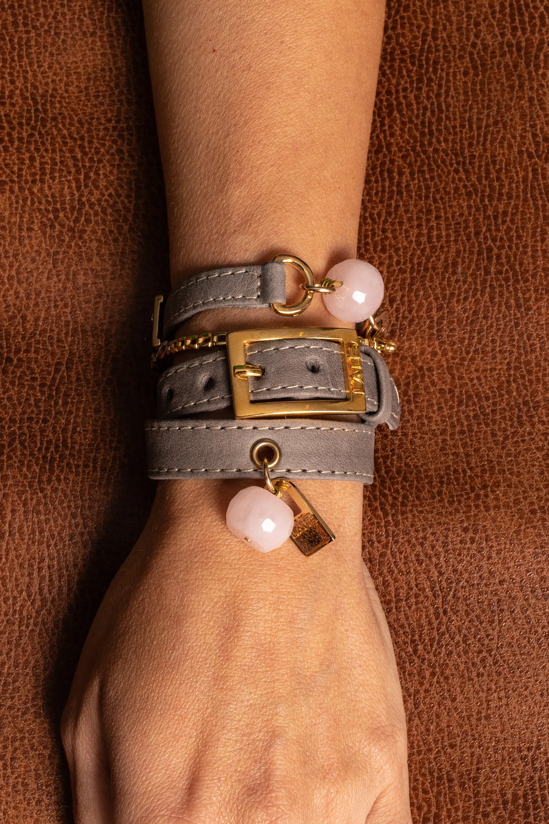 Bundle Bracelet with Gray Leather and Rose Quartz Stone