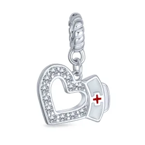 Caduceus RN Nurse Hat Heart Dangle Charm Bead White Enamel Silver Bracelet