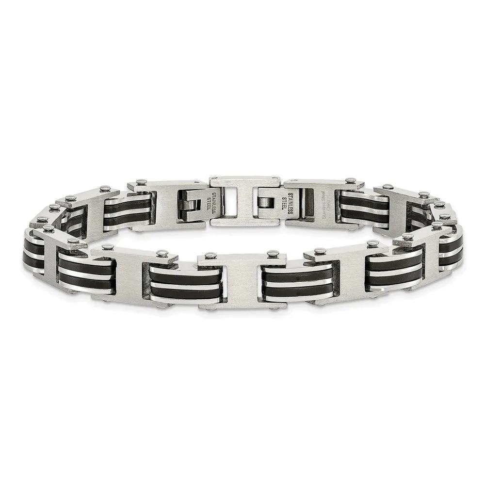 Chisel Stainless Steel Brushed and Polished with Black Rubber 7.75 inch Link Bracelet with .5 inch Extension